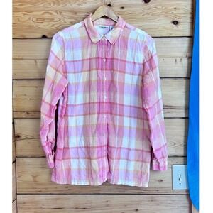 Cherokee Brand Vintage Pink Orange Plaid 100% Linen Button Down Shirt Mens Large